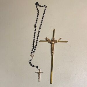Gold-tone Crucifix Necklace with Black Bead Rosary
